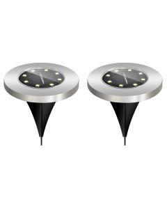 LED Grondspot met Zonne-energie - Set 2 Stuks - Aigi Grido - Inbouw Rond - 0.2W - Waterdicht IP44 - Helder/Koud Wit 6500K - Mat Zilver - RVS