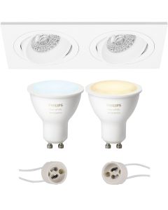 PHILIPS HUE - LED Spot Set GU10 - White Ambiance - Bluetooth - Pragmi Borny Pro - Inbouw Rechthoek Dubbel - Mat Wit - Kantelbaar - 175x92mm