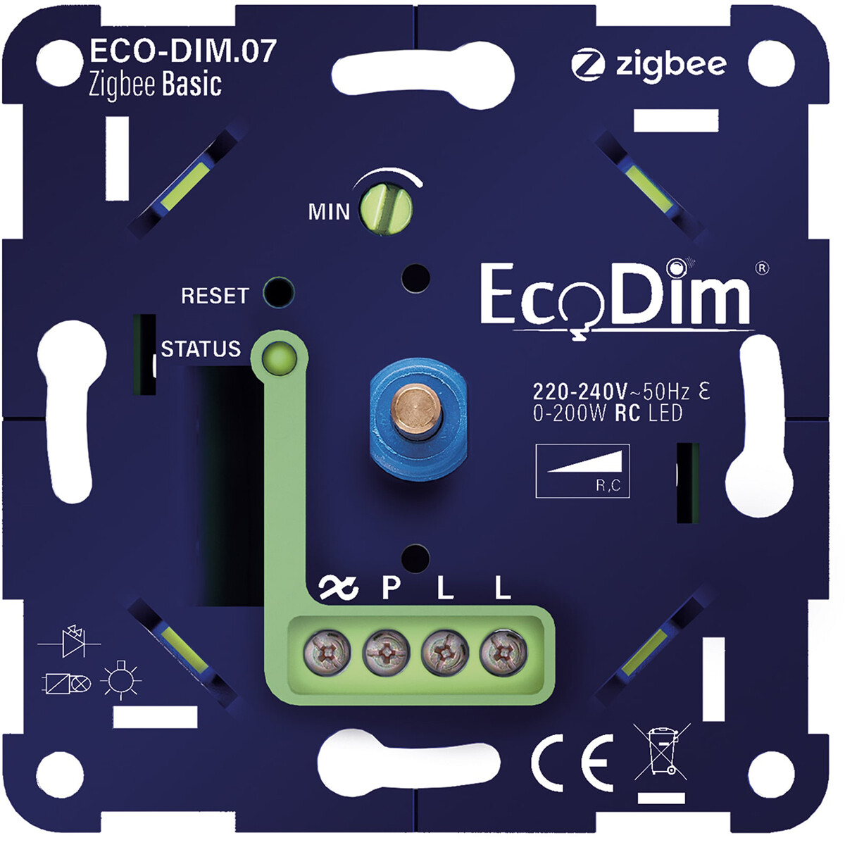 EcoDim - LED Dimmer - Smart WiFi - ECO-DIM.07 - Fase Afsnijding RC - ZigBee Basic - Inbouw - Enkel Knop - 0-200W