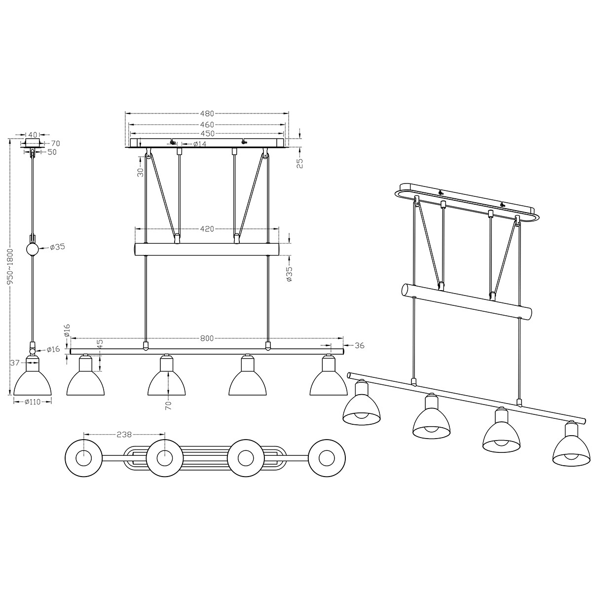 LED Hanglamp - Hangverlichting - Trion Levino - E14 Fitting - Warm Wit 3000K - 4-lichts - Rechthoek - Mat Nikkel - Aluminium