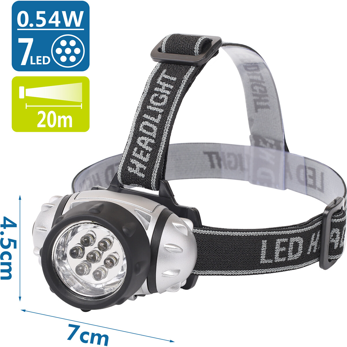 LED Hoofdlamp - Aigi Heady - Waterdicht - 20 Meter - Kantelbaar - 7 LED's - 0.54W - Zilver | Vervangt 6W