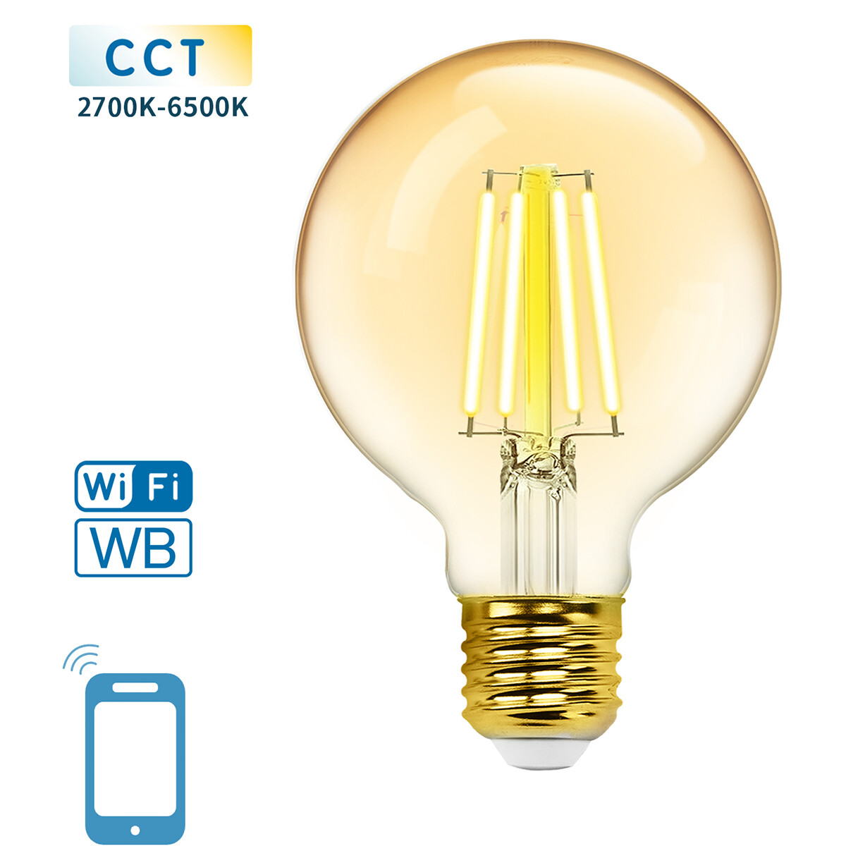 LED Lamp - Smart LED - Aigi Rixona - Bulb G80 - 6W - E27 Fitting - Slimme LED - Wifi LED + Bluetooth - Aanpasbare Kleur - Amber - Glas