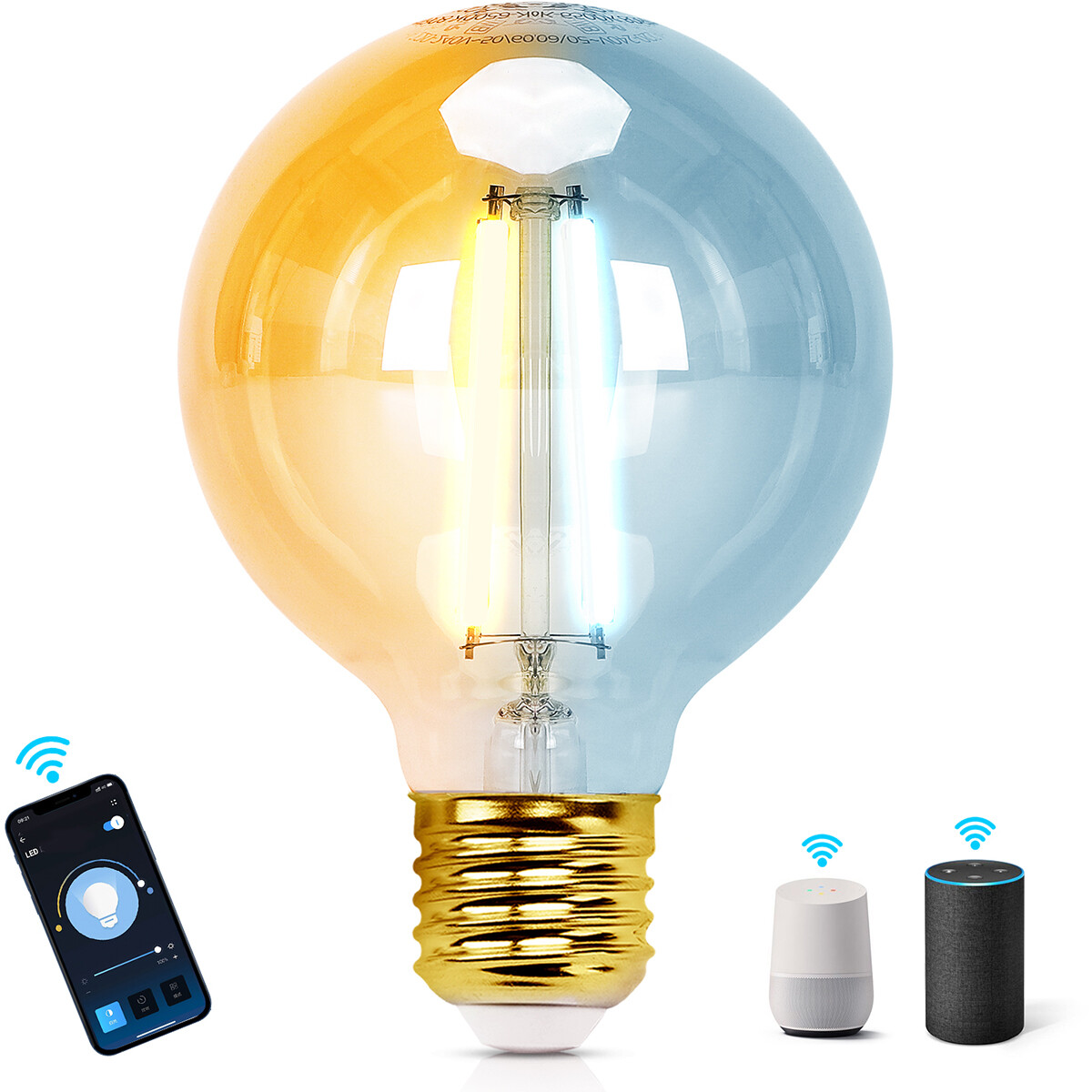 LED Lamp - Smart LED - Aigi Rixona - Bulb G80 - 6W - E27 Fitting - Slimme LED - Wifi LED + Bluetooth - Aanpasbare Kleur - Amber - Glas