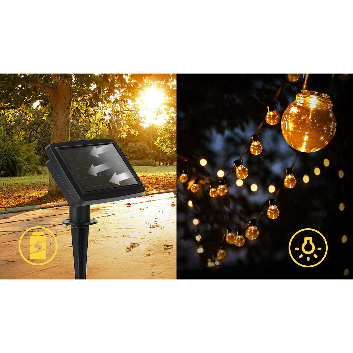 LED Lichtsnoer met Zonne-energie - Dag en Nacht Sensor - Aigi Ligo - 20W - Warm Wit 3000K - 5.8 Meter - 20 LED's Transparant - Waterdicht IP44 - Zwart