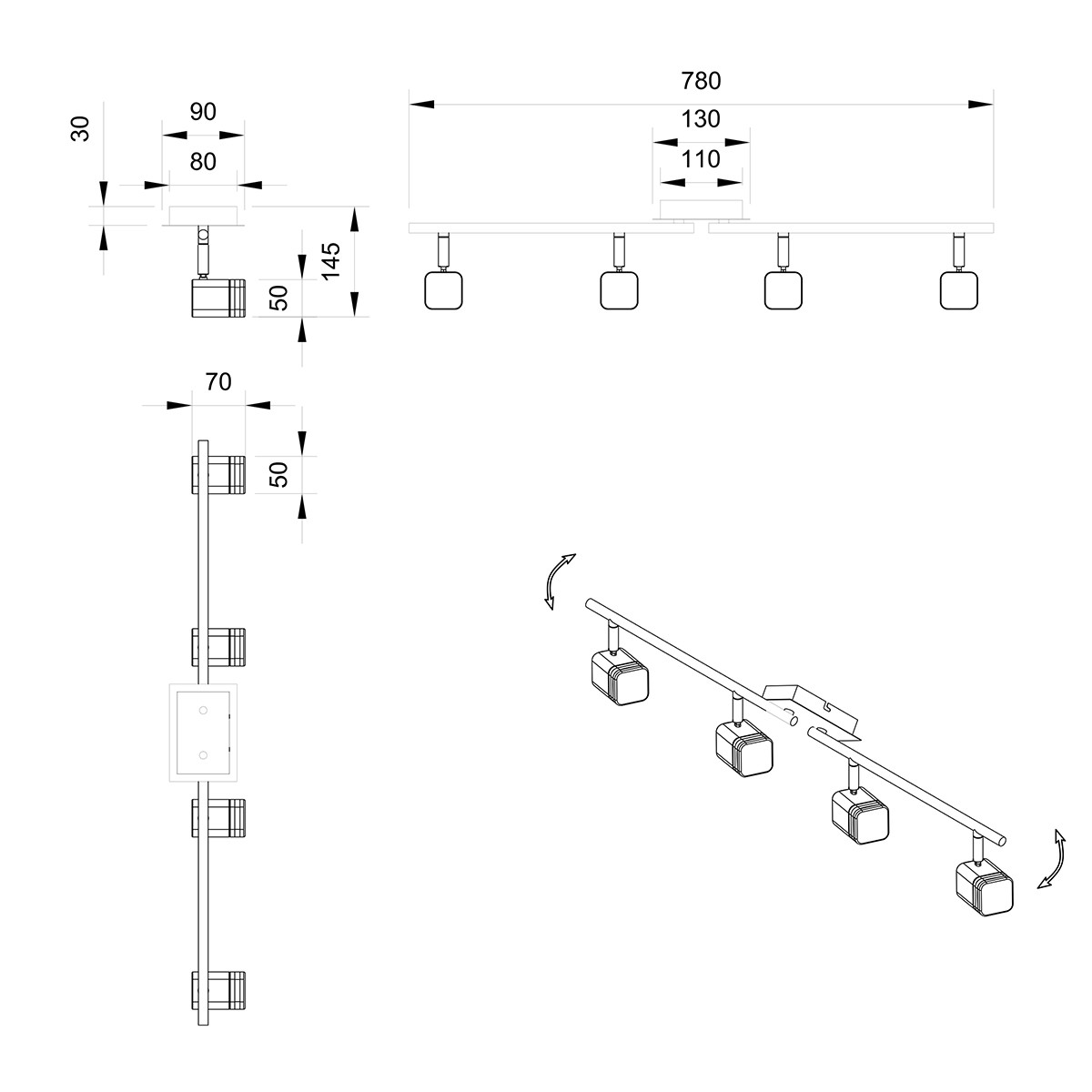 LED Plafondspot - Trion Ribon - 16W - Warm Wit 3000K - 4-lichts - Rechthoek - Mat Nikkel - Aluminium