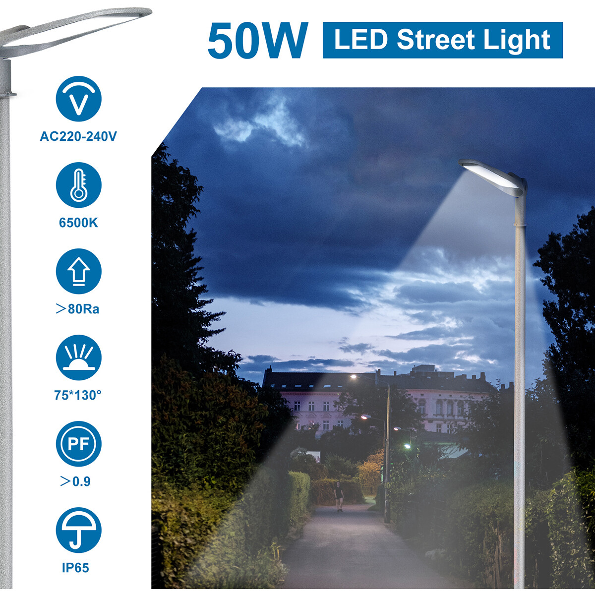 LED Straatlamp - Straatverlichting - Aigi Animo - 50W - Helder/Koud Wit 6500K - Waterdicht IP65 - Mat Grijs - Aluminium