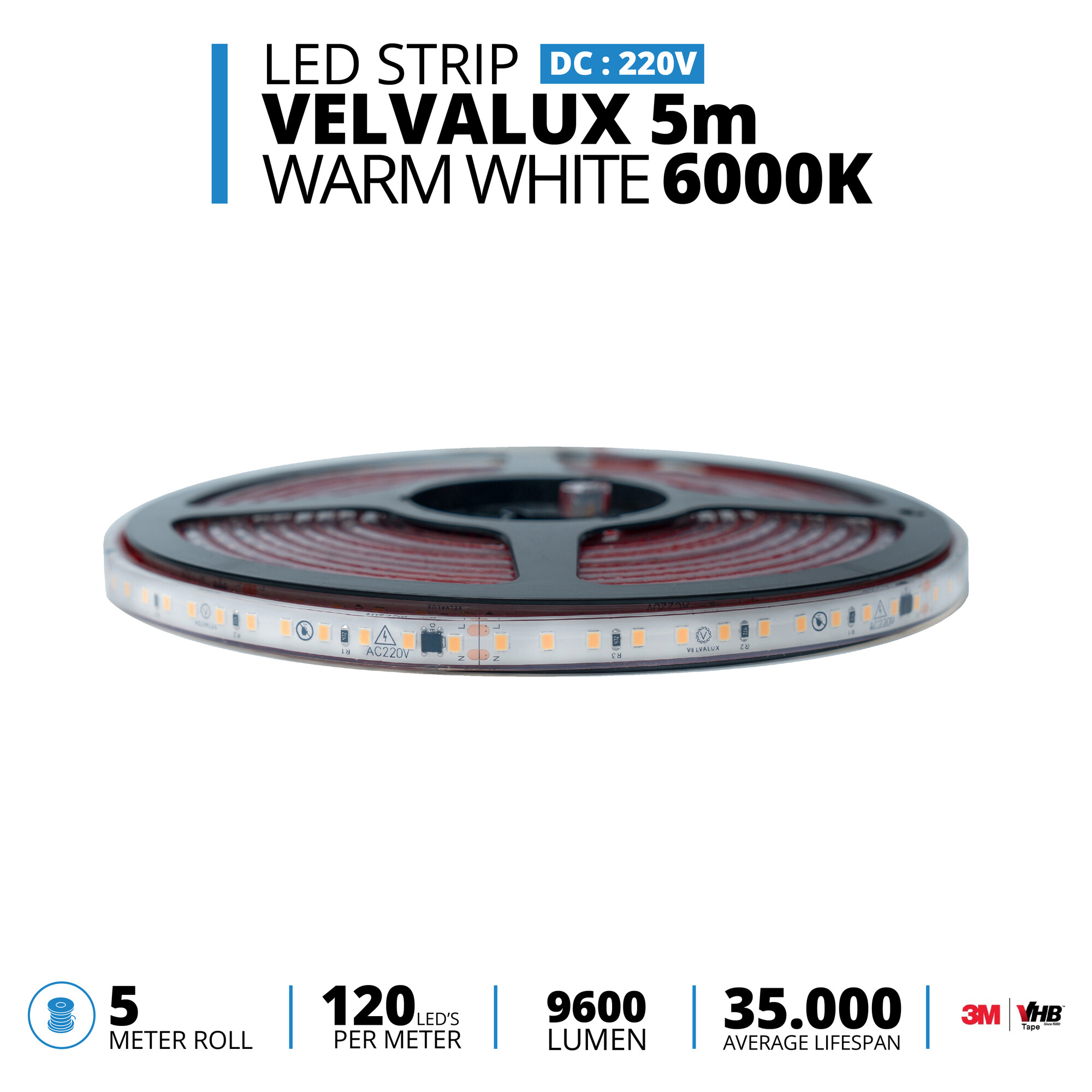 LED Strip - Velvalux - 5 Meter - Helder/Koud Wit 6000K - Dimbaar - Waterdicht IP67 - 9600 Lumen - 600 LEDs - Directe Aansluiting op Netstroom - Werkt zonder Driver