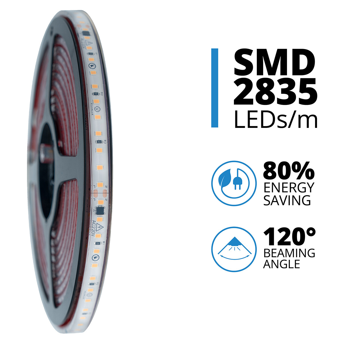 LED Strip - Velvalux - 5 Meter - Warm Wit 3000K - Dimbaar - Waterdicht IP67 - 9600 Lumen - 600 LEDs - Directe Aansluiting op Netstroom - Werkt zonder Driver