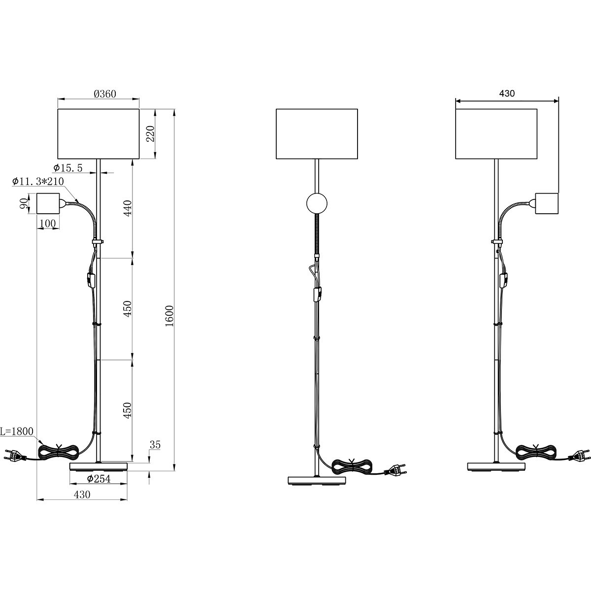 LED Vloerlamp - Vloerverlichting - Trion Owino - E27 Fitting - Rond - Mat Zwart - Aluminium