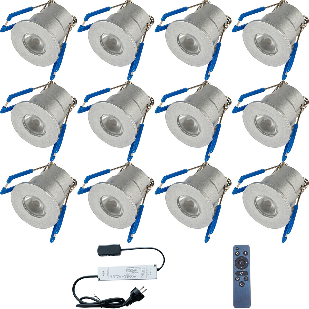 LED Veranda Spot Complete Set - Velvalux - 12 Stuks - 3W - Warm Wit 3000K - Dimbaar - Waterdicht IP65 - Inbouw - Rond - Mat Zilver - Aluminium - 12V