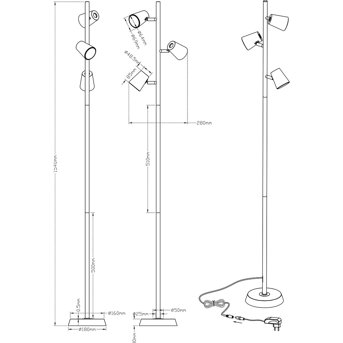 LED Vloerlamp - Trion Narca - 20.7W - Warm Wit 3000K - 3-lichts - Dimbaar - Rond - Mat Zwart - Aluminium