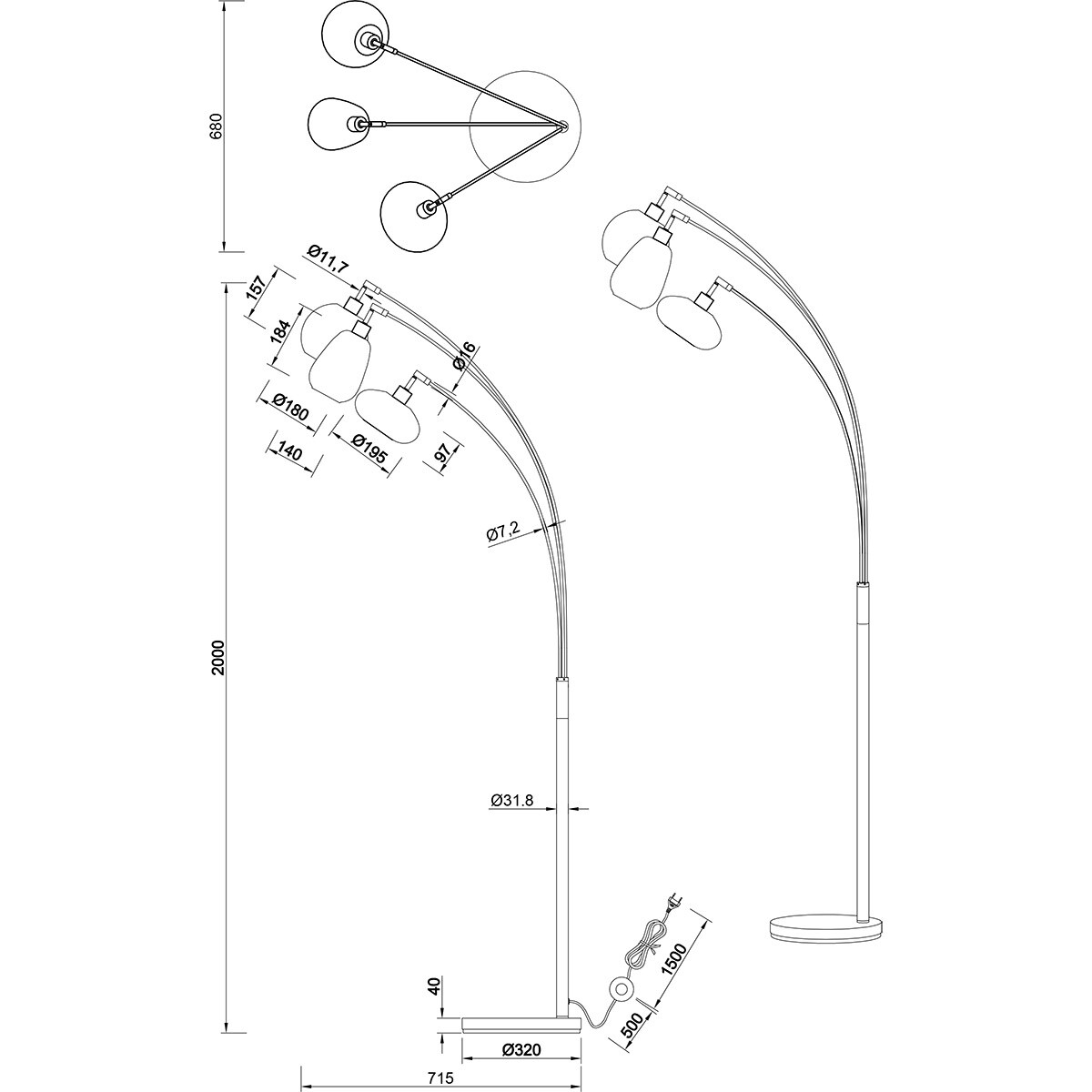 LED Vloerlamp - Trion Lina - E14 Fitting - 3-lichts - Rond - Glas - Mat Zwart - Metaal