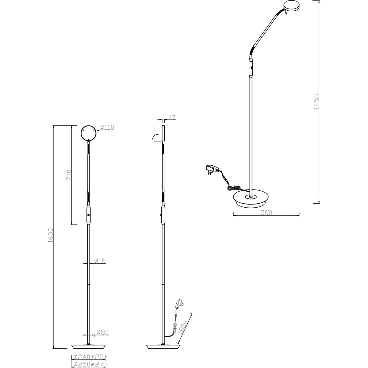 LED Vloerlamp - Trion Monzino - 12W - Aanpasbare Kleur - Dimbaar - Rond - Mat Nikkel - Aluminium