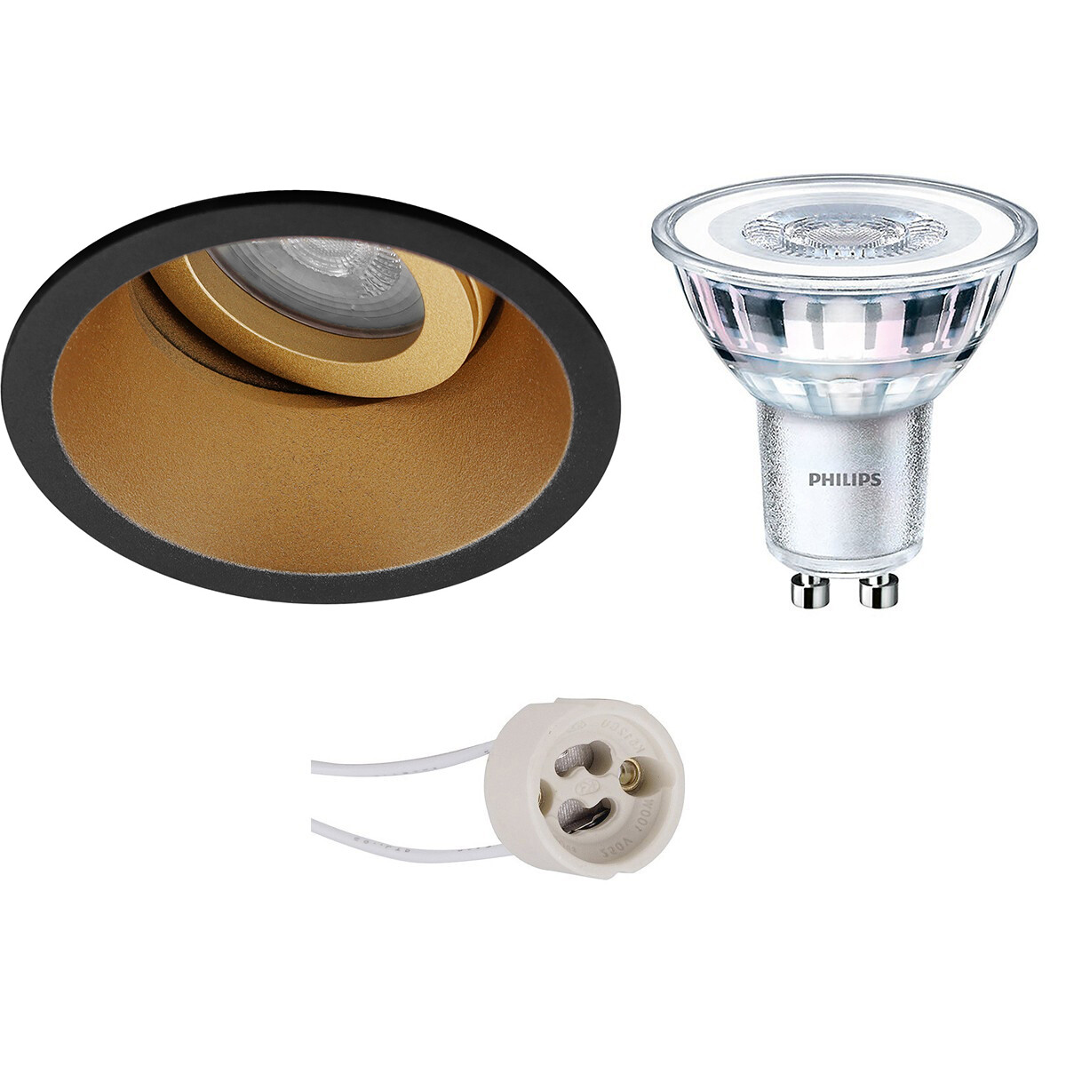 LED Spot Set - Pragmi Zano Pro - GU10 Fitting - Inbouw Rond - Mat Zwart/Goud - Kantelbaar - Ø93mm - Philips - CorePro 830 36D - 3.5W - Warm Wit 3000K