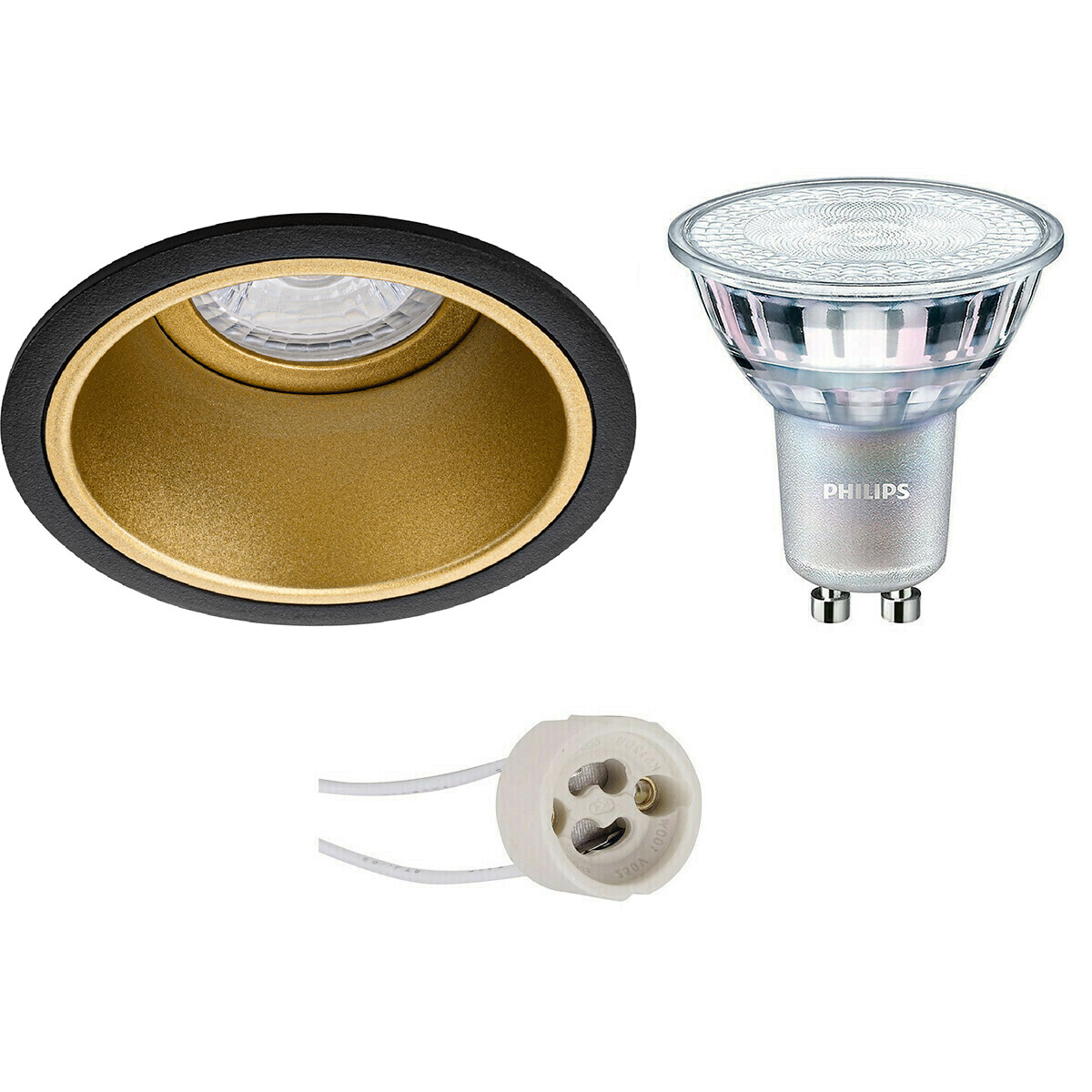 LED Spot Set - Pragmi Minko Pro - GU10 Fitting - Inbouw Rond - Mat Zwart/Goud - Verdiept - Ø90mm - Philips - MASTER 927 36D VLE - 4.9W - Warm Wit 2200K-2700K - DimTone Dimbaar