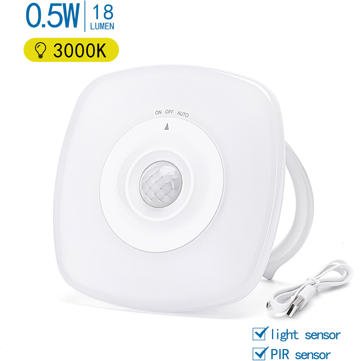 Stekkerlamp op Batterijen - Nachtlamp met Dag en Nacht- en Bewegingssensor Incl. USB-kabel - Aigi Steksy - 0.5W - Warm Wit 3000K - Vierkant - Mat Wit - Plastic