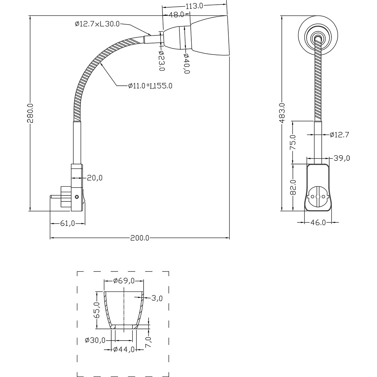 Stopcontact Lamp met Schakelaar - Trion - Rond - Mat Chroom - Aluminium - E14 - Stekkerlamp - Stekkerspot 